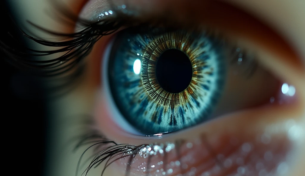 Macro photo of a human eye, with iris replaced by a spiraling staircase, miniature emotional scenes on each step, extreme close-up framing, dark mysterious background, dramatic side lighting, shot straight-on, using a macro lens with shallow depth of field, (high contrast:1.4), in style of Man Ray