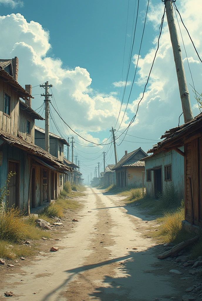 The huts on a lonely street with old houses are blown away during the day by the strong wind 