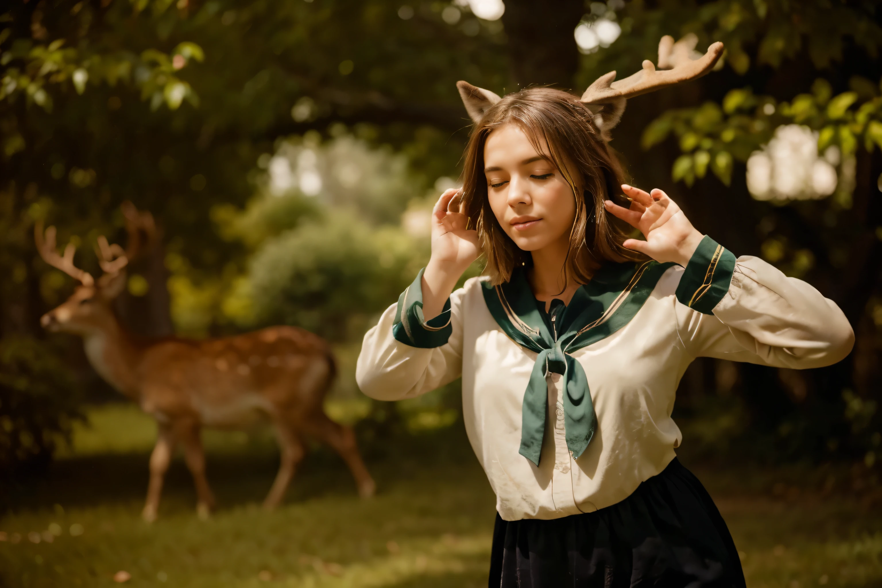 (Best quality, 8k, 32k, Masterpiece, UHD:1.2) "Transform the setting of the image into a serene deer park. The park is lush with greenery, with trees and bushes creating a tranquil environment. The ground is covered in soft grass, with patches of dirt paths winding through the area. Dozens of gentle deer roam the park, some in the distance and others closer to the viewer. One deer stands prominently near the character, looking curious and approachable. The overall atmosphere is peaceful, with the sunlight filtering through the leaves, casting a soft glow on the scene. The character is positioned in a way that they are about to reach out and pet the deer closest to them."