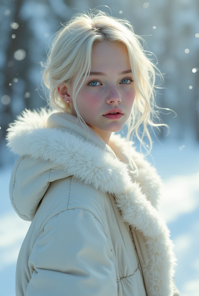 fantasy , soft boy, quite sensitive, very pale even for the people from Russia, he is known as the ice prince because of his very fair complexion, soft features, quiet, very blond straight short cute hair, slender looking, too beautiful for a boy, 17 years old, soft pink lips, pale blue icy eyes, cute and skinny but still very handsome, boy, his  features as gentle and refined, His slight frame and delicate appearance make him stand out as both handsome and fragile, ethereal beauty and quiet demeanor, Prince in winter, full body 