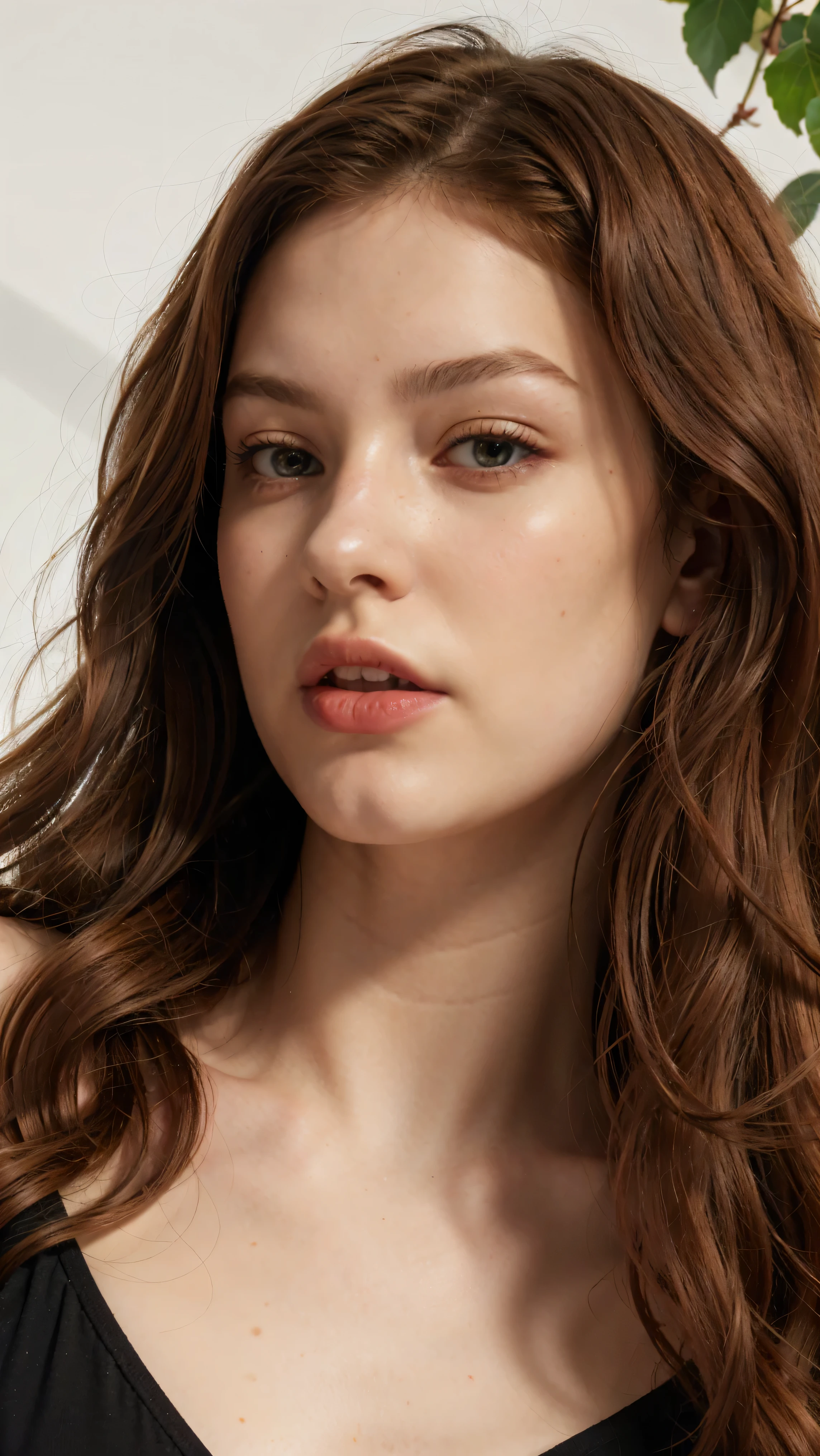 a woman with red hair and green leaves, hyper-realistic skin, shiny/glossy, modern jewelry, gongbi, portraiture, dark teal and light gold, tropical landscapes, Face portrait photo oF a 21-year-old German woman, .raw, beautiFul woman, half strawberry lips, Fossettes, nostalgic look, green eyes, great student, Large eyelashes, (Brown extra long wavy hair), ((detailed Face)), ((detailed Facial Features)), (Finely detailed skin), red skin, (Deep neckline detailing high-tech cyberpunk dress), Cyberpunk Cyberpunk big city environment, (cold colors), moist, moist, reFlections, (masterpiece) (height ratio / perfect width) (photo realist) (best quality) (detailed) Shot with Canon EOS R5, ObjectiF 50mm, F/2.8, human development report, (8k) (wallpaper) (light) (Dramatic Light) (sharp focus) (complicated)