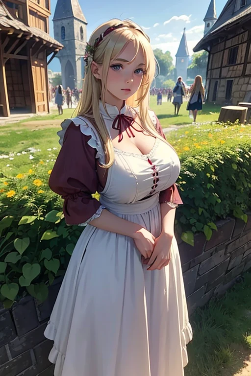 A beautiful, young blonde girl. She looks about 18 years old. Very huge breasts. She is in an outdoor, medieval festival. All blended with a fantasy aesthetic. She is wearing a simple linen smock with long maroon skirts and loose white bodice with high neckline.