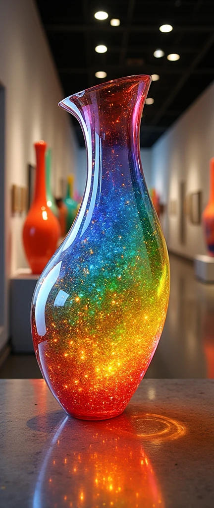 RAINBOW MUSEUM WITH RAINBOW RESIEN GLASS VASES AND RAINBOW STAIRAN GLASS ART REALISTIC AND FANCY RAINBOW ART CANVAS HANGED UP IN A GALLERY IN THE MUSEUM OF FANCY ART AND PROFESSINAL WITH MASTERPIECES OF MAGIC BEAUTY IN REAINBOW FIGURINES