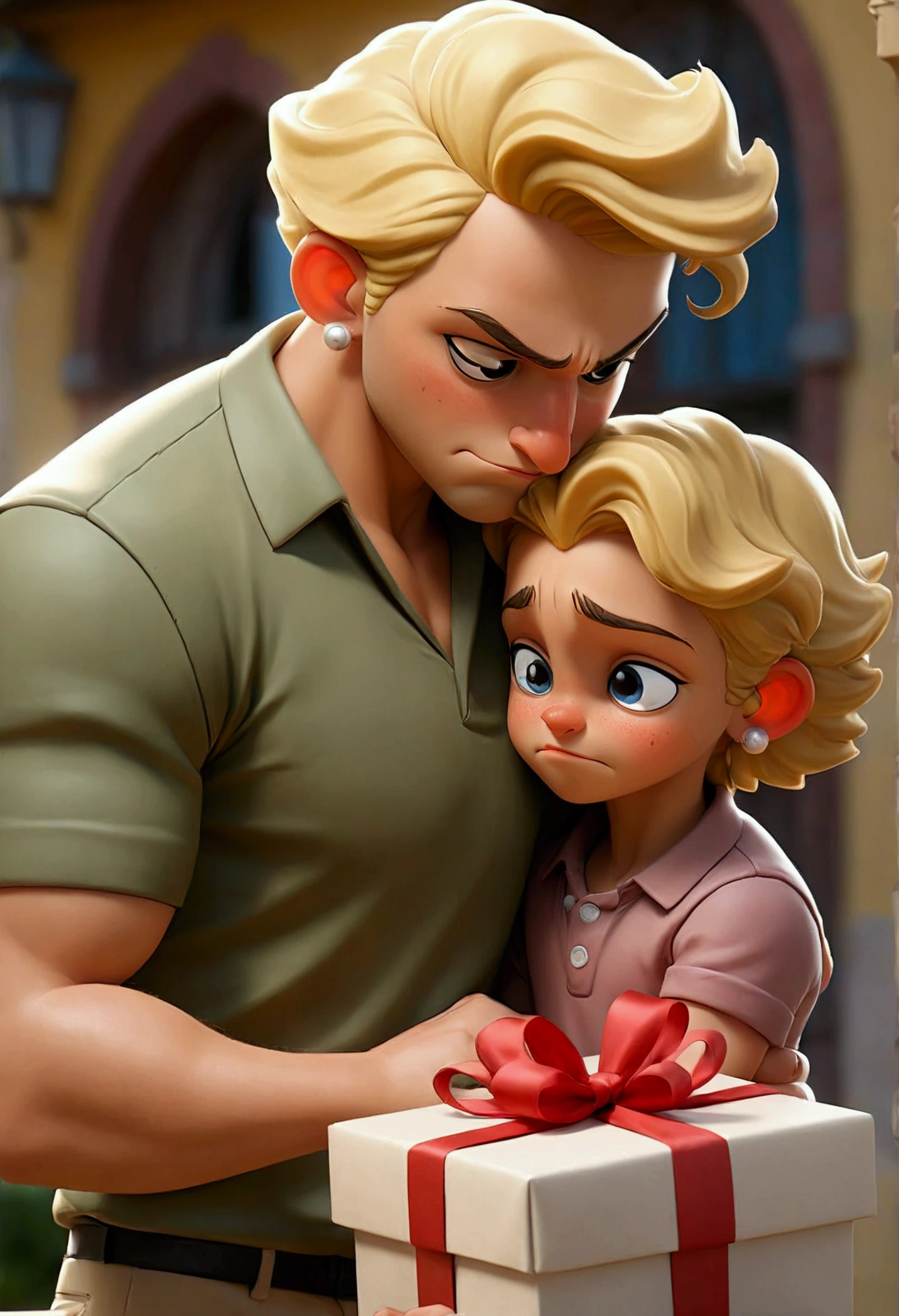 "A warm and welcoming image for the Father'giorno, showing a father and son or daughter sharing a special moment. The scene may include an affectionate activity, like a hug., A walk in the park, or a game in the backyard. The background can be decorated with elements that symbolize the father-son relationship.., como brinquedos, a gift box or a banner that says 'Happy father'giorno'. Use soft colors and details that convey love, gratitude and joy."