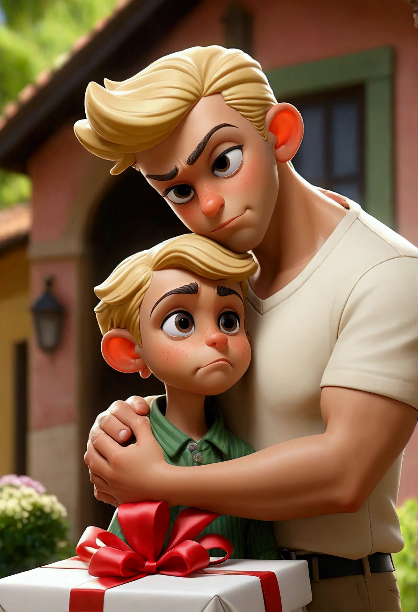 "A warm and welcoming image for the Father'giorno, showing a father and son or daughter sharing a special moment. The scene may include an affectionate activity, like a hug., A walk in the park, or a game in the backyard. The background can be decorated with elements that symbolize the father-son relationship.., como brinquedos, a gift box or a banner that says 'Happy father'giorno'. Use soft colors and details that convey love, gratitude and joy."