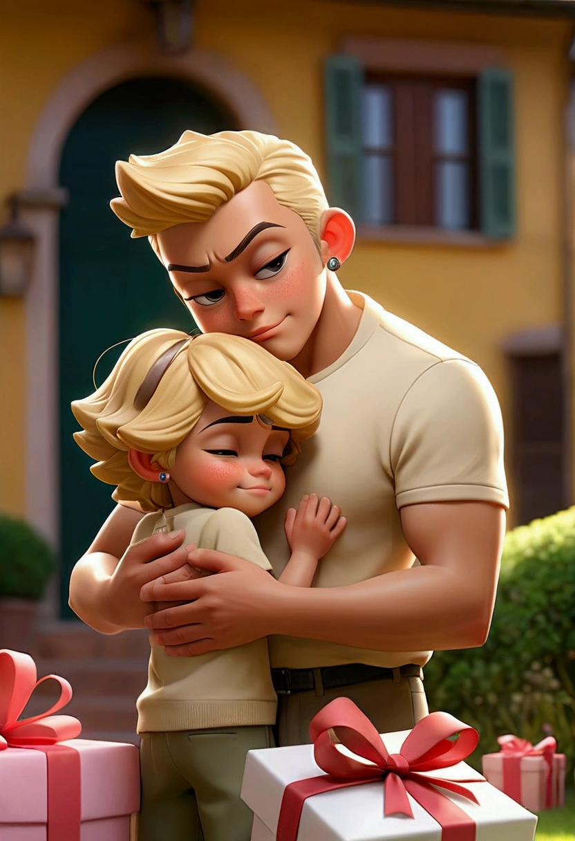 "A warm and welcoming image for the Father&#39;giorno, showing a father and son or daughter sharing a special moment. The scene may include an affectionate activity, like a hug., A walk in the park, or a game in the backyard. The background can be decorated with elements that symbolize the father-son relationship.., como brinquedos, a gift box or a banner that says &#39;Happy father&#39;giorno&#39;. Use soft colors and details that convey love, gratitude and joy."


