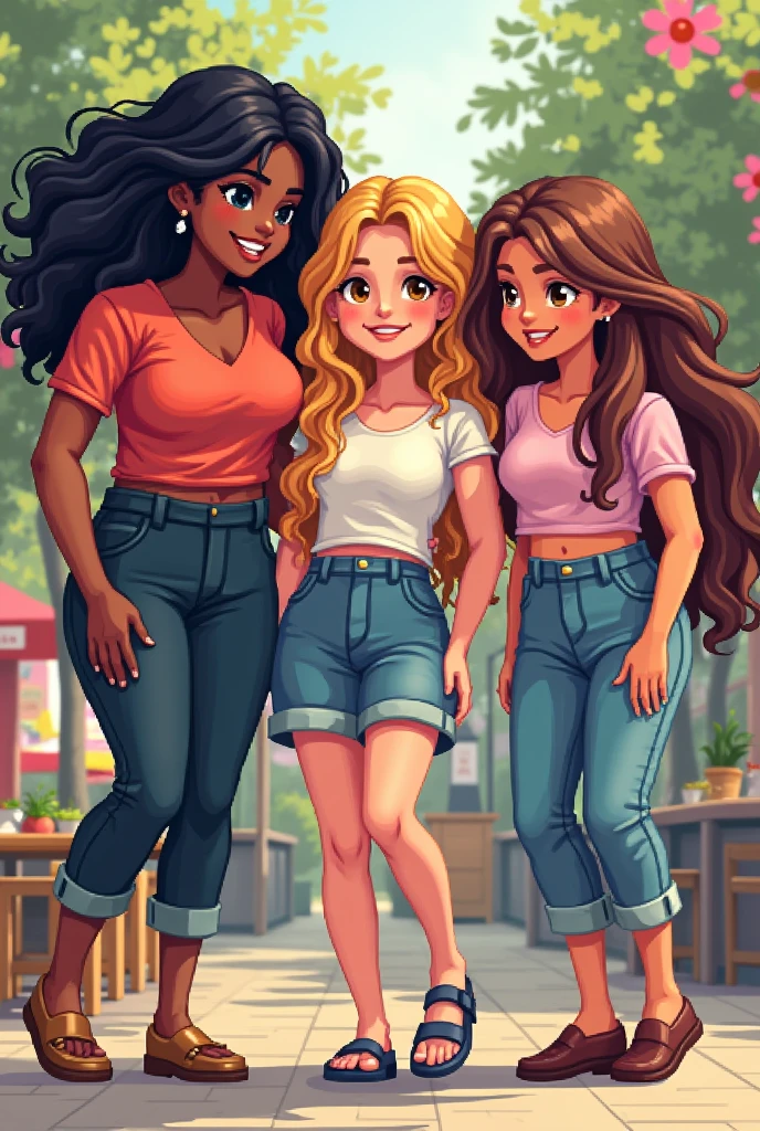 Drawing of three female friends, one chubby, tall and with black hair, another blonde and the last brunette, pixel art