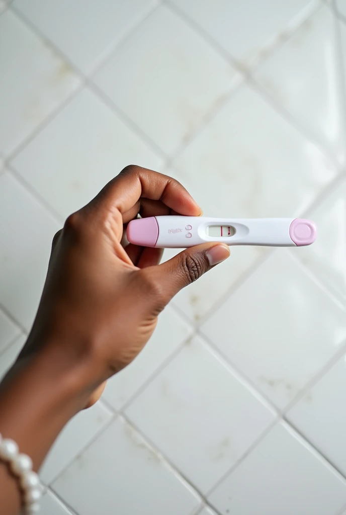 Black female hand holding positive pregnancy test pointing to white tile floor