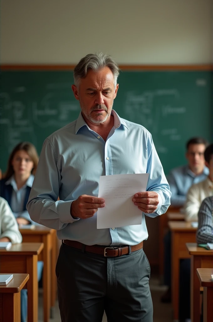 An embarrassed male teacher reading a piece of paper in the middle of class