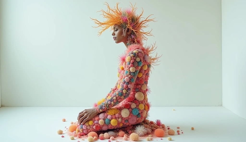 Surreal portrait of a person, body transforming into a colorful coral reef, sea life emerging from hair and skin, seated in a stark white room, full body framing, minimalist setting, soft diffused lighting, shot at eye level, on a large format camera with medium telephoto lens, (vivid colors:1.5), in style of Tim Walker