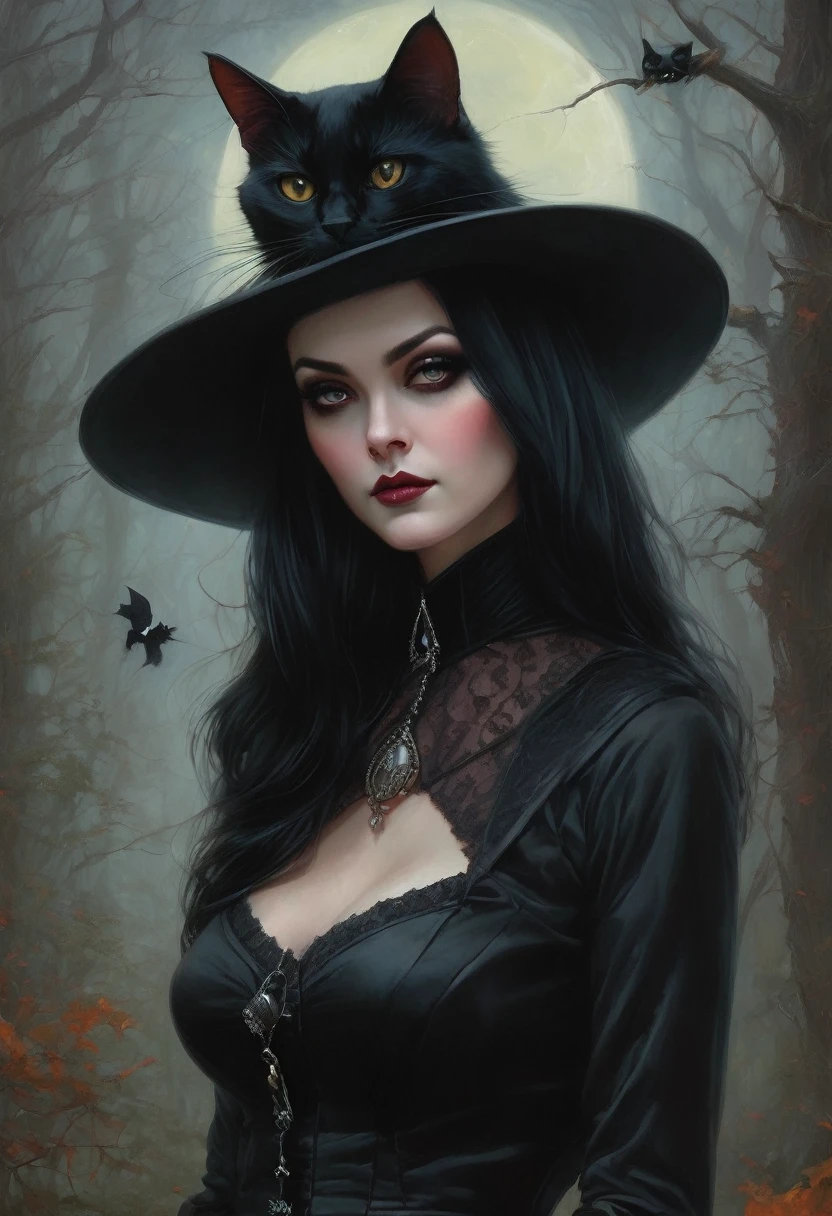 Arafed woman with a black cat and a black hat, gothic fantasy art, beautiful witch, with bewitching eyes, fantasy art style, portrait of a gothic catgirl, dark fantasy style art, fantasy art portrait, Portrait of a dark witch, Gothic art style, beautiful fantasy art portrait, artistic style tom bagshaw, dark fantasy art, Gothic art