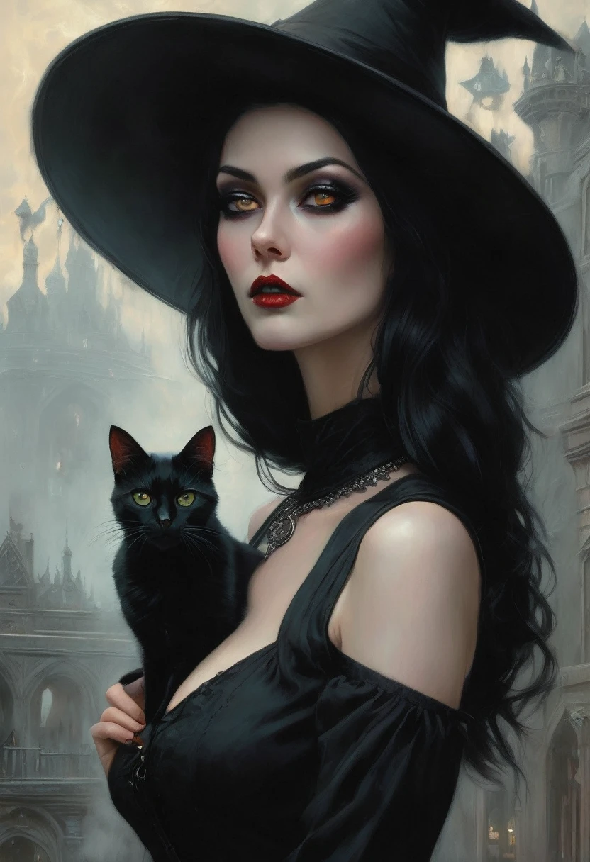 Arafed woman with a black cat and a black hat, gothic fantasy art, beautiful witch, with bewitching eyes, fantasy art style, portrait of a gothic catgirl, dark fantasy style art, fantasy art portrait, Portrait of a dark witch, Gothic art style, beautiful fantasy art portrait, artistic style tom bagshaw, dark fantasy art, Gothic art