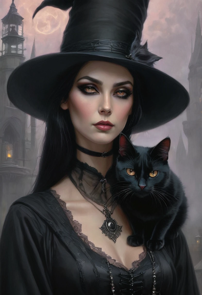 Arafed woman with a black cat and a black hat, gothic fantasy art, beautiful witch, with bewitching eyes, fantasy art style, portrait of a gothic catgirl, dark fantasy style art, fantasy art portrait, Portrait of a dark witch, Gothic art style, beautiful fantasy art portrait, artistic style tom bagshaw, dark fantasy art, Gothic art