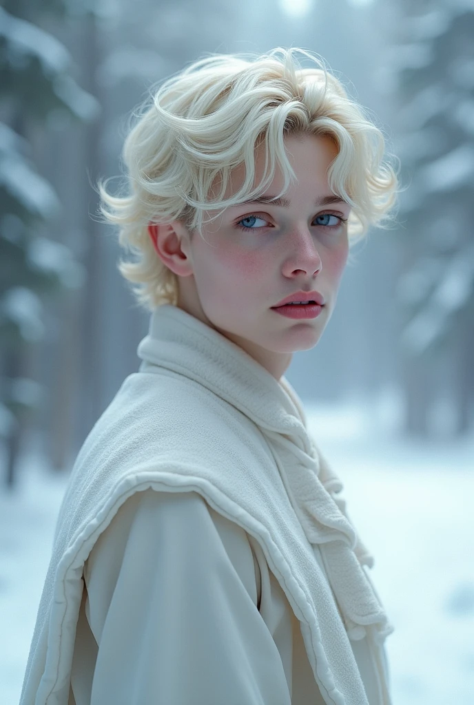 fantasy , soft boy, quite sensitive, very pale even for the people from Russia, he is known as the ice prince because of his very fair complexion, soft features, quiet, very blond straight short cute hair, slender looking, too beautiful for a boy, 17 years old, soft pink lips, pale blue icy eyes, cute and skinny but still very handsome, boy, his facial features as gentle and refined, His slight frame and delicate appearance make him stand out as both handsome and fragile, ethereal beauty and quiet demeanor, Prince in winter, full body