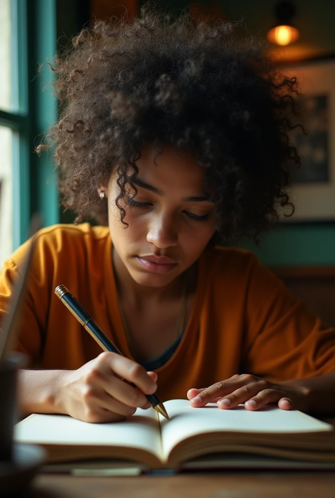 A young Brazilian writer typing on a notebook
