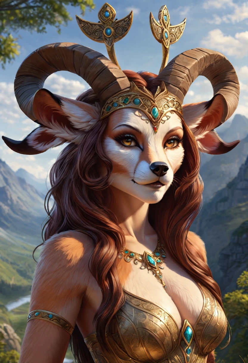 Anthropomorphic feminine fox-satyr princess. Official Art – An Award-Winning Digital Masterpiece In 4K Ultra HD, Extreme Detail And Intricate Realism. Symmetrical Face. This Concept Art Brought To Life By The Hands Of Artists Like Wlop & Artgerm In A Stunning 2D Vector Illustration. Background Is A Panoramic Vista.