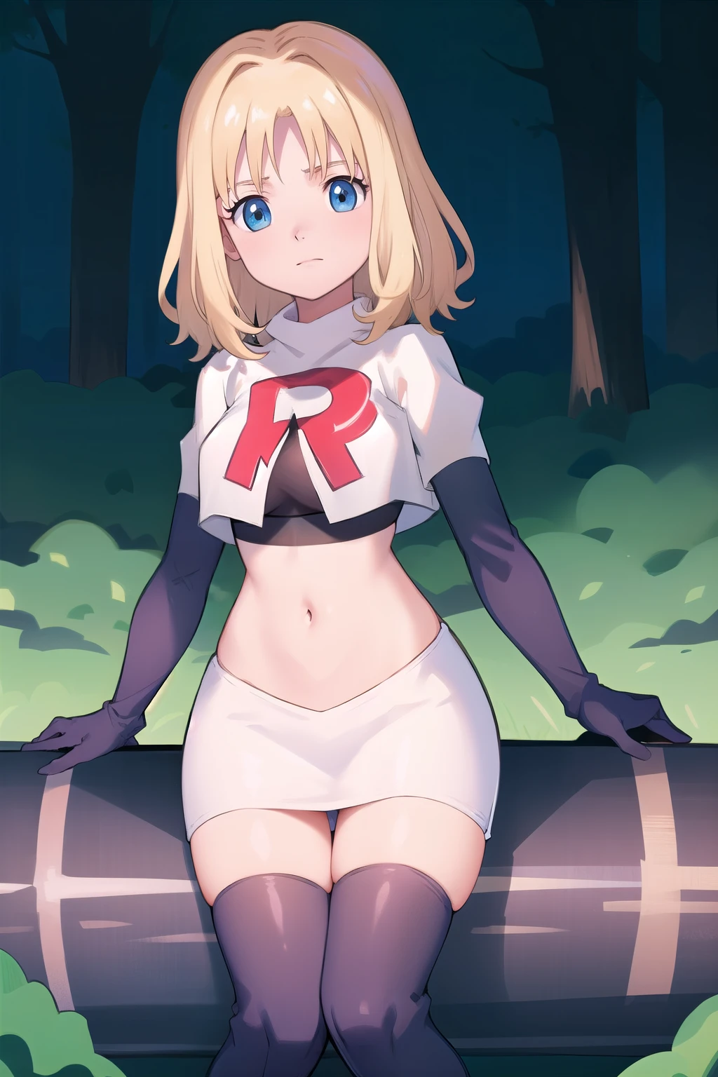 1girl, sxhelen, blonde hair, medium hair, blue eyes, team rocket,team rocket uniform,white skirt,red letter R,crop top,black thigh-highs,black elbow gloves, forest,