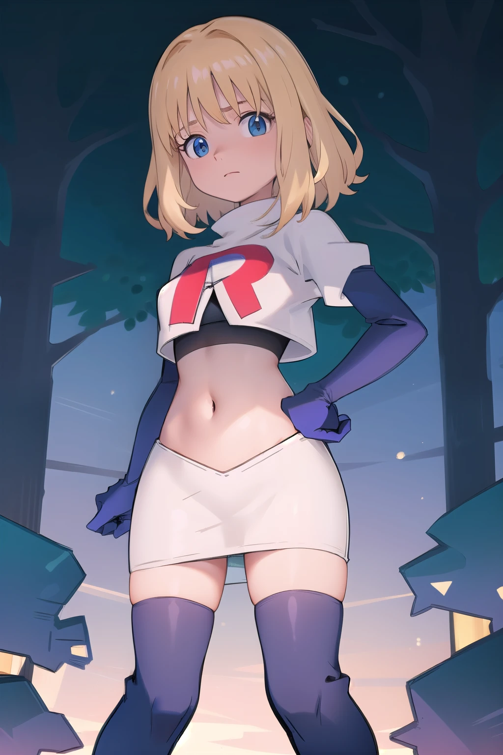 1girl, sxhelen, blonde hair, medium hair, blue eyes, team rocket,team rocket uniform,white skirt,red letter R,crop top,black thigh-highs,black elbow gloves, forest,