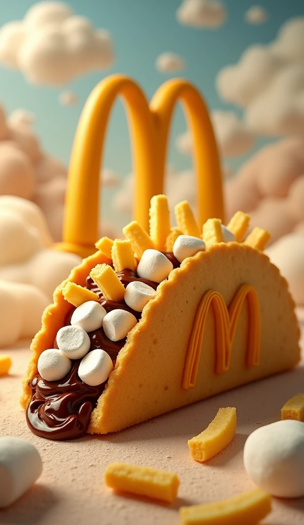 A sweet taco made with chocolate and marshmallows. The setting is in a McDonald’s fantasy land where golden arches tower over everything, McDonald’s logos are on the taco shell, and the background has McDonald’s fries floating in the air like clouds.