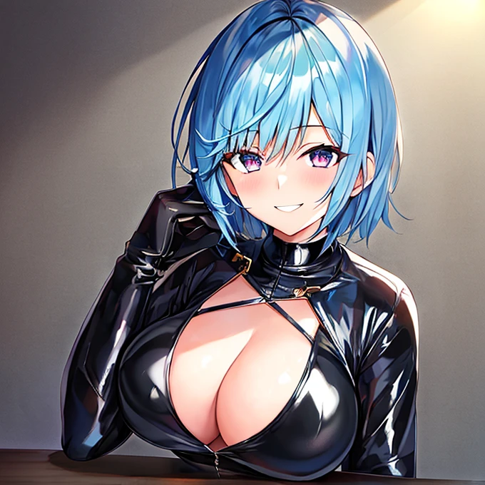 1girl, masterpiece, short hair, light blue hair, sadistic smile, black latex clothing,beatiful, sexy