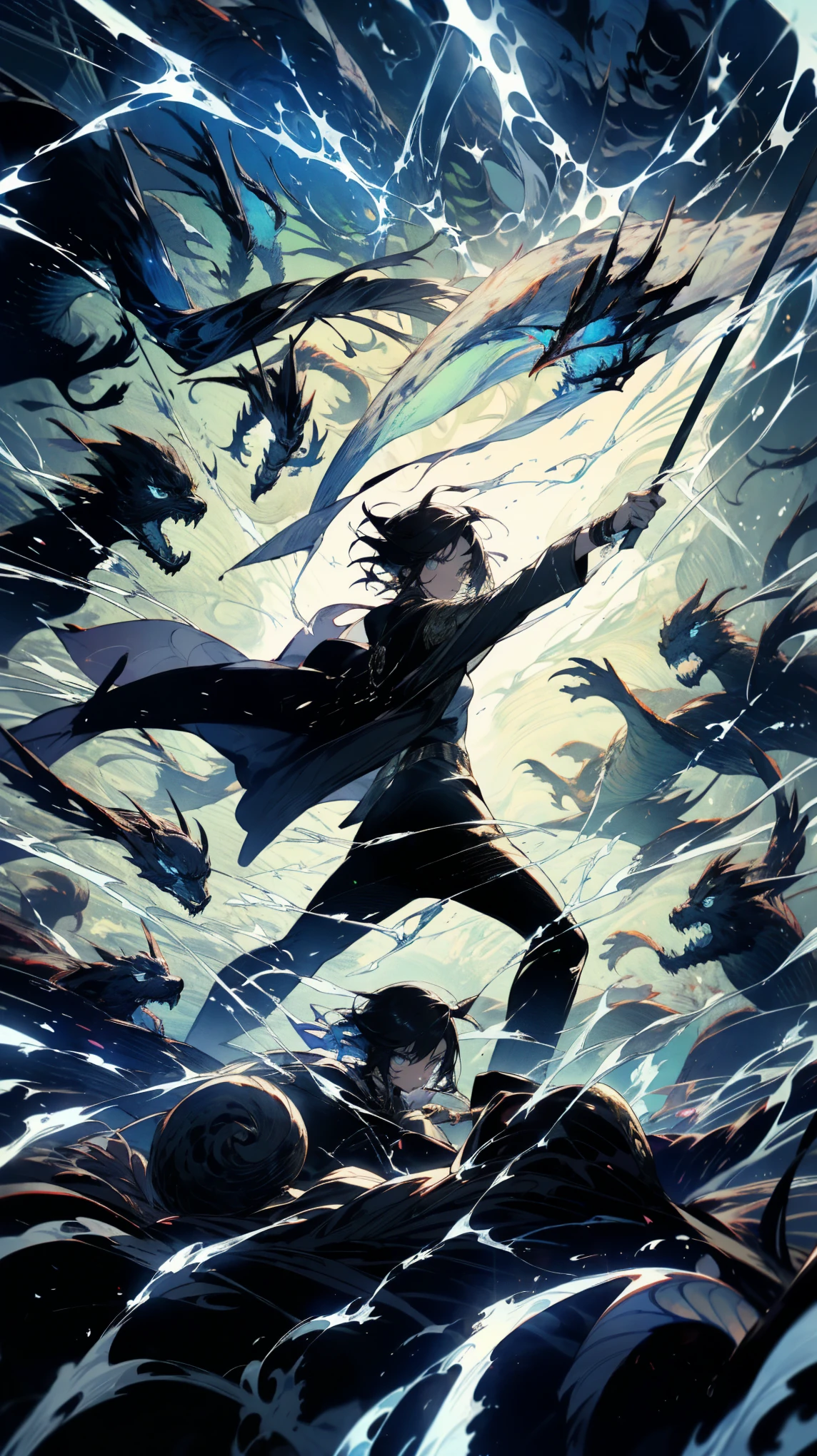 (high quality), (masterpiece), (detailed), 8K, (Horde of shadowy creatures1.4) descends upon (battlefield1.3), as (age boy1.3) raises (flag1.3) and channels (web-like elemental skill1.4). Air crackles as he weaves (complex web of energy1.4), (ensnaring dark entities1.4) in its threads, his (courage shining through chaos1.4). (Intense, electrified atmosphere1.2) heightens the scene. (high quality), (masterpiece), (detailed), 8K, Anime style character with (cool and edgy tattoos1.3), dressed in (fashionable clothing1.2), posing confidently. Expression fierce, stylish accessory coiled around arm. Thicker outlines emphasize striking, modern fashion, vibrant palette enhances scene.