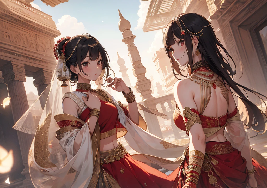 Realistic photos, Focus distance 10mm, Red and white, Beautiful girl, Realistic photos, Shooting at focus distance 10mm, masterpiece, 最high quality, high quality, Very detailed CG 8k wallpaper unit, Award-winning photography, Depth of written boundary, High resolution, bloom, chromatic aberration, Realistic, Very detailed, Art Station Trends, CGsociety Trends, Complex, High detail, dramatic, Art on the go, volumetric lighting, A young girl attending a traditional Indian wedding ceremony, wearing a glamorous lehenga and with mehendi on her hands, palace gardens in the background