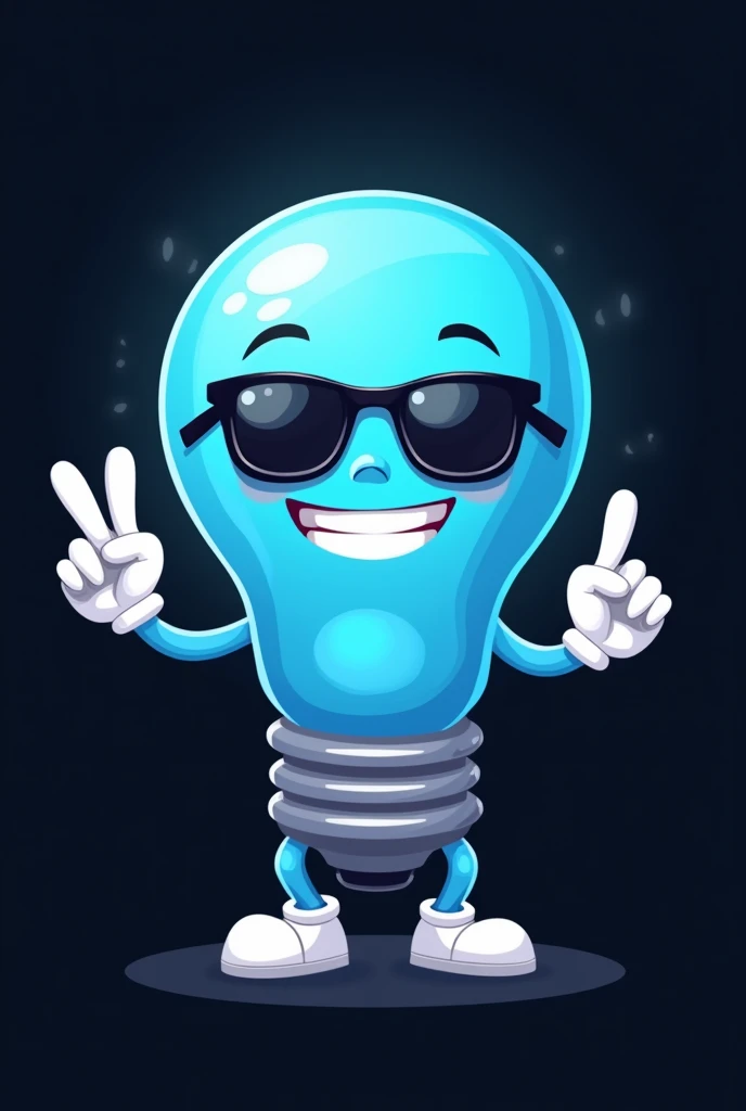 Blue cartoon light bulb with sunglasses, with white arms and legs, With one hand he makes the sign of "loser", He is happy, In the background there is a flat black color., Ilustración de pet, toonix character, Cartoon vector style, dancing character, telegram label design, Black and cyan color scheme, simple cartoon style, tendency to dribble.pet.with, cold face, 2D flat vector art
