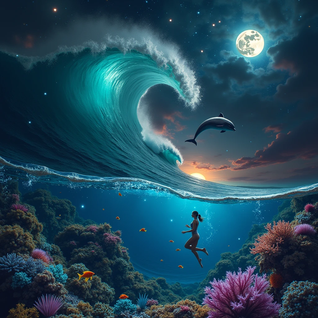 The image depicts a dreamlike and captivating underwater scene, where imagination meets reality. In the foreground, a woman diver detailed explores the depths of a colorful coral reef, surrounded by small bioluminescent creatures that dance around her, leaving behind luminous trails. The tropical fish with pulsating lights and the vibrant corals of all colors enhance the brilliance of this underwater landscape. Bioluminescent orbs float in the water, emitting a soft blue light and creating mystical reflections. As we move towards the water's surface, the composition transforms into a cosmic vision. A powerful wave breaks, revealing within its swirling crests a massive human eye, symbolizing divine observation. Just above this wave, a dolphin leaps gracefully, leaving behind a trail of stardust, connecting the sea and the starry sky. Ethereal bubbles reflecting the cosmic sky float gently around the underwater scene.The sky in the background is a blend of blue, violet, and golden hues, with a luminous moon that appears both near and far. The scene is enveloped in a shimmering mist, giving it an ethereal quality. This fusion of marine and celestial elements creates a surreal and poetic scene, inviting the viewer to dive into a waking dream where the boundaries between worlds blur.