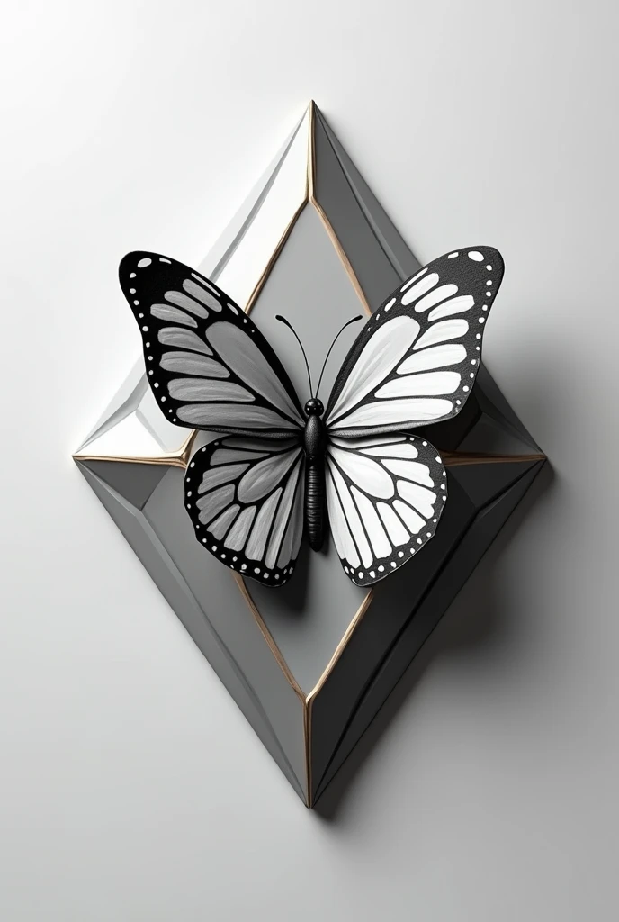 create a simple black and white 2d diamond design and create a simple black and white 2d butterfly and place it on top of the diamond