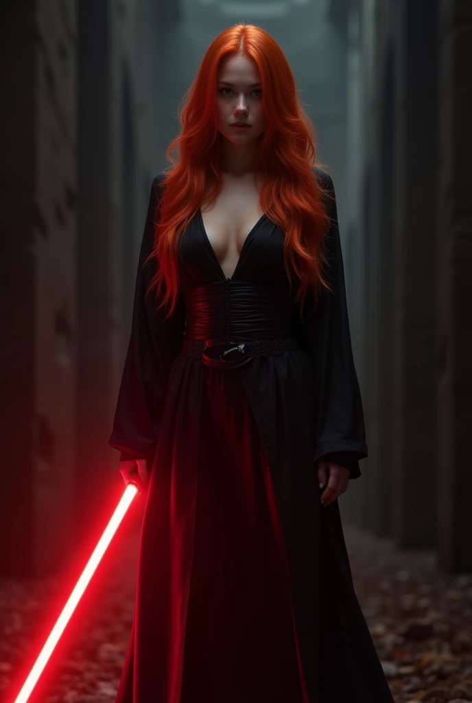 (full body shot:1) photorealistic image of a (standing pose:1) ultrarealistic, photography, long red hair, woman, 24 years old, hourglass figure, perfect body, seductive look, natural medium breasts, blur background, in complete darkness, she is wearing a sith robe, she is holding a red lightsaber, the lightsaber is the only lightsource