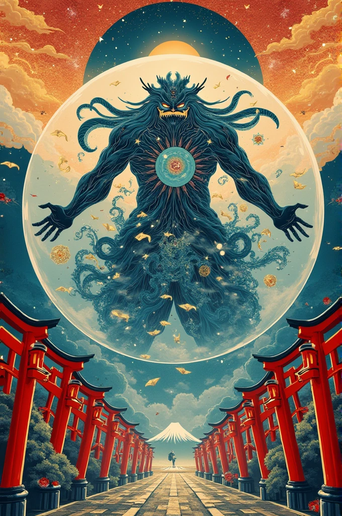 (Emaki Japonais). Une Peinture Emaki japonais [Estampe Hokusai] de la Guerre des Kamis [Animisme Couleur Traditionnelle].  Une Peinture Titrée Centrale et Imposant ( Më Ône ). [Concept Massive Plastic Bubble Calligraphie].  (Rouge Inari, Blanc Fuji, Sutra d'Or du Lotus bleu.)