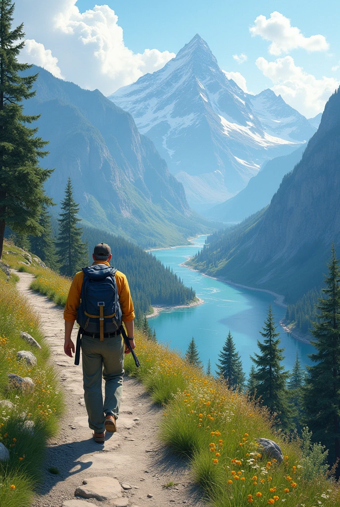 I need a normal man walking along a path where you can see mountains, rivers and a wonderful landscape.
