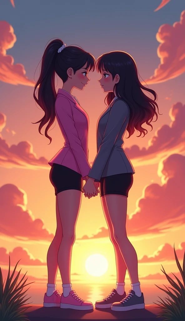 Two girls, yuri,(The first girl wear a pink suit, black pencil skirt, black underpants,  white socks, pink sneakers), (The second girl wore a grey suit, black pencil skirt, black underpants, white socks, grey sneakers), back to back, holding hands, see the sunset, hugging, fantastic sky, novel cartoon, 4K, HD