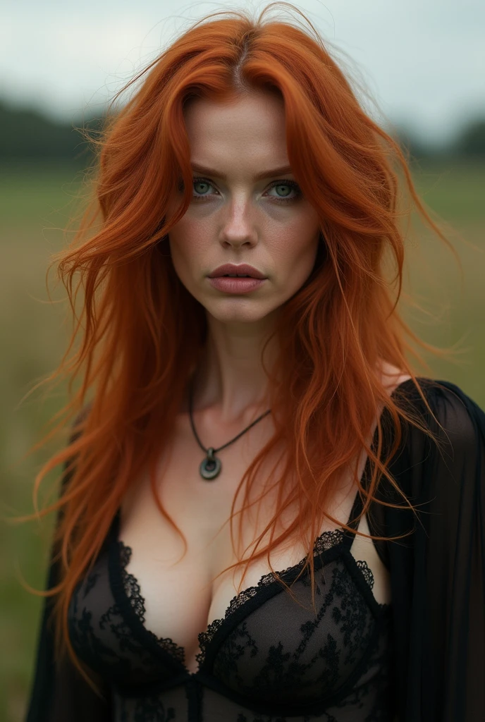 high quality photography of middle aged redhead woman, sinister expression, face detailed, (expressão sexly, serious and sensual), lascivious physique, bright and pale skin, extremely long and messy hair, mature woman, sexly, Fine body, 46 year old woman, huge round tits, big natural breasts, (round and fleshy), sculptural legs, occultism, in the middle of a grass field, seductive figure that attracts attention, [Depth of field] ((intricate-detail, detailed textures)), bright lighting, soft lighting, Global illumination, clear facial features, Create ultra-detailed image textures, capturing every detail accurately
