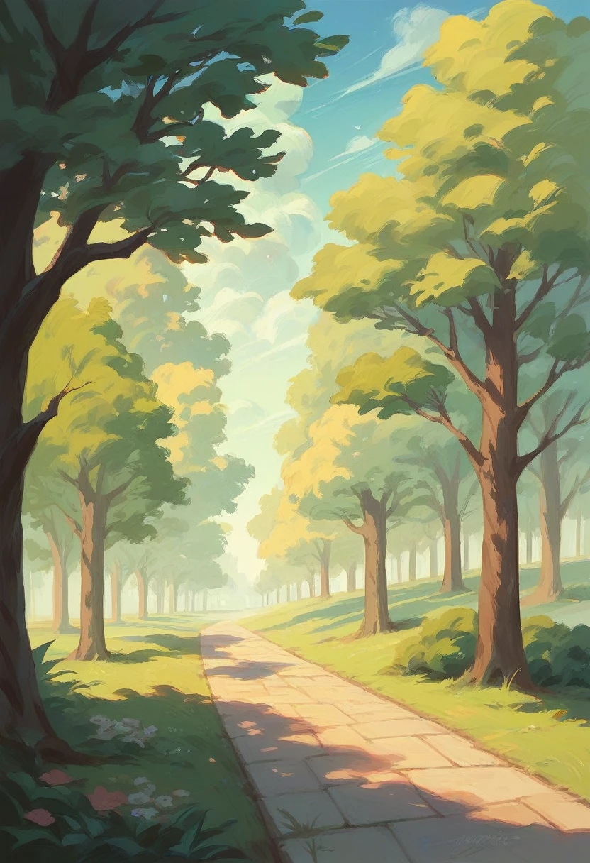 A winding path through a moonlit park, lined with trees. Style: Impressionist Painting