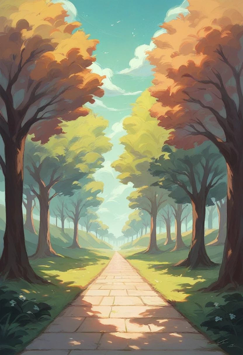 A winding path through a moonlit park, lined with trees. Style: Impressionist Painting