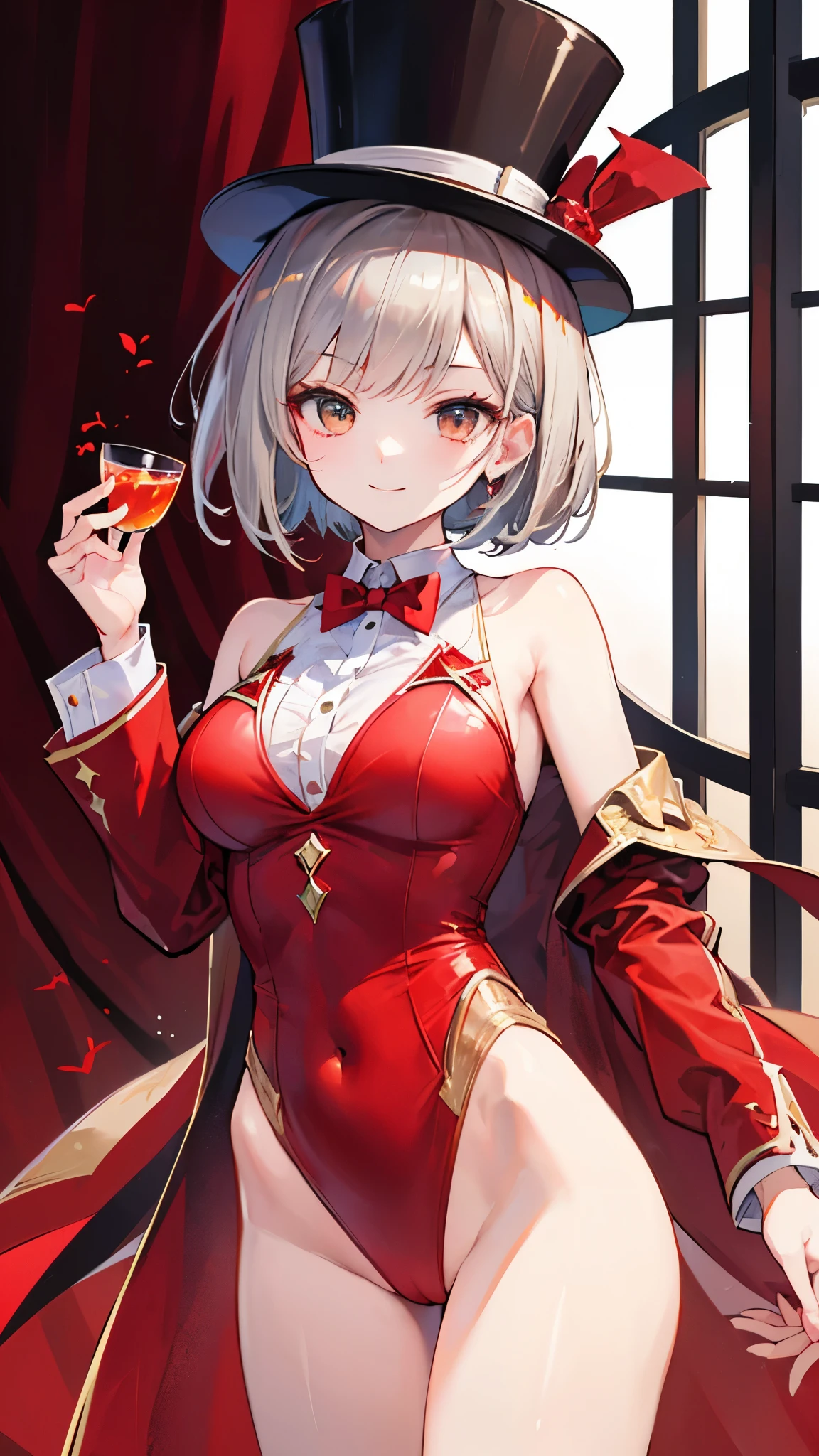 ((masterpiece、Highest quality、Very detailed))、One girl、Gray Hair、bob cut、White eyes、evil smile、Moderate breasts、((Top Hat))、((red tuxedo:1.3))、((red highleg leotard))、Cowboy Shot、Spotlight、BAR Background
