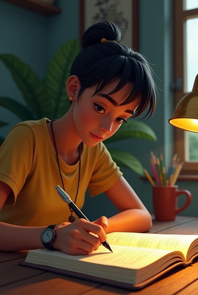 A young Brazilian writer typing on a notebook