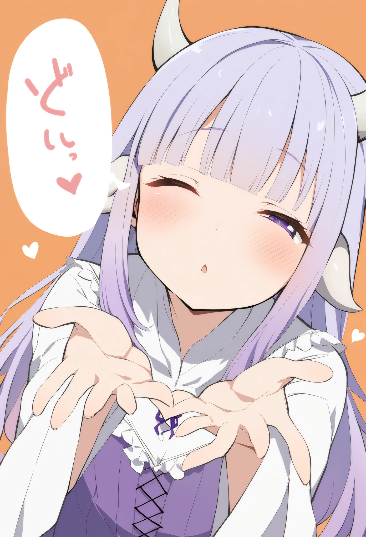 1 girl、= =、Blunt bangs、blush、Eyes closed、White shirt、heart、horn、ncoming kiss、Orange background、Contour、Parted lips、Purple Dress、Purple Hair、Reach out、見る人に向かってReach out、Simple Background、solo、Speech bubble、スポークンheart、白Contour、