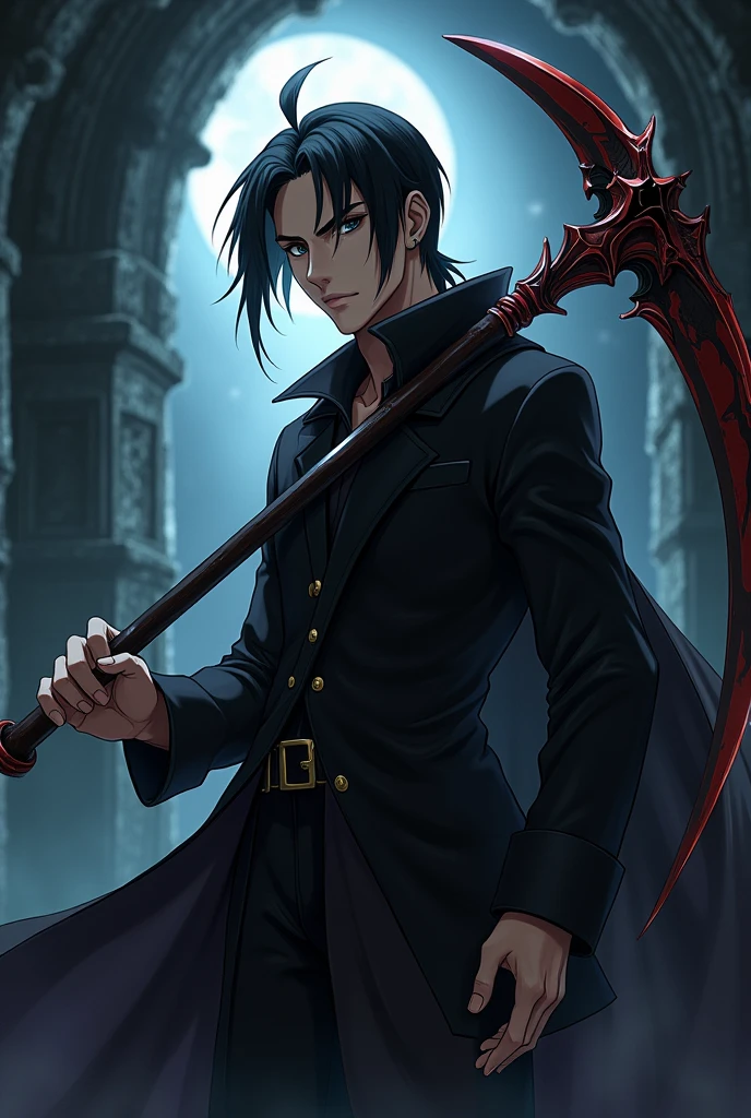 anime male character, black eyes, slicked black hair, has a scythe weapon,