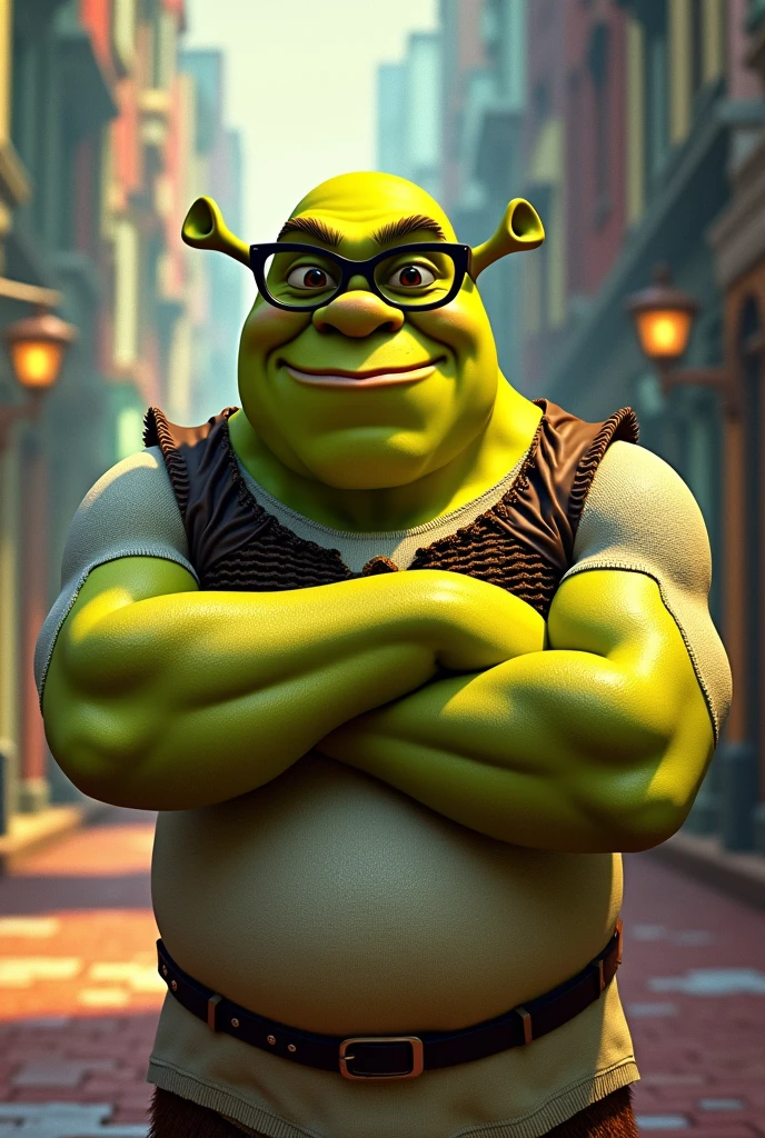 Generate an image congratulating passing the relationship test month with the main character of Shrek wearing black glasses and with a very defined body