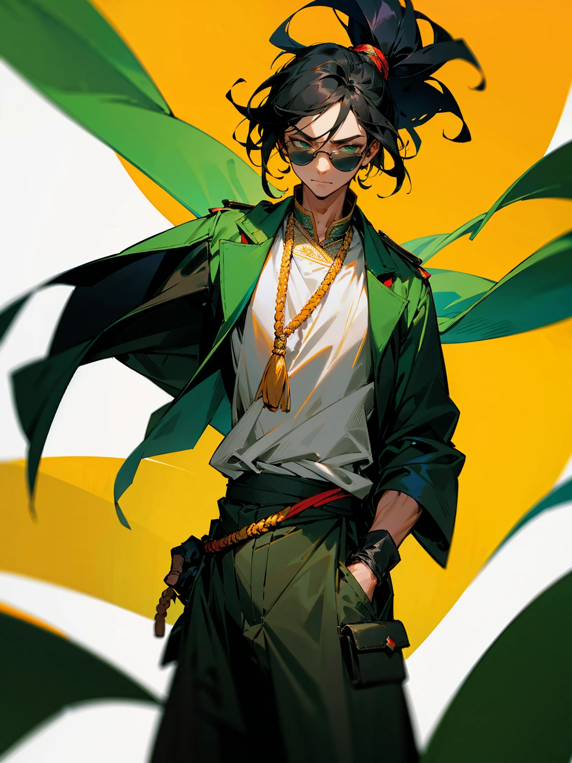 1male, black hair, hawaiian hair, green eyes, tied to the back, sunglasses, african outfit, gloves, lazy expression, hands in pocket