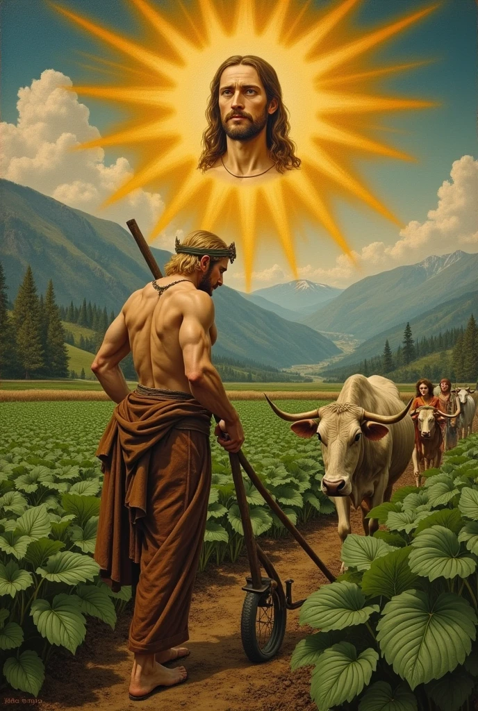 Create A medieval painting of a golden-haired German with a big mustache humble peasant tall and very very strong he is working in an endless field of vast vigorous tobacco,green and mountainous, along with children guiding a plow through the land in front of them two large oxen. He is dressed in worn out clothes, with worn pants, while holding the plow firmly, his arm has dilated veins. In front, the oxen are pulling the plow wildly.. In the sky above him, instead of the common sun, there is an icon of the face of Jesus Christ. Jesus is depicted as a radiant figure, with a golden halo around his head, and a majestic crown in a blessing, emanating light that illuminates the field. The scene is powerful and shows the majesty of Jesus Christ, with warm tones of golden light, symbolizing divinity and blessing on the peasant&#39;s work.