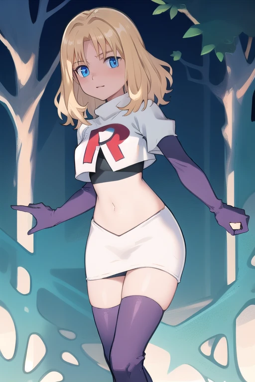 1girl, sxhelen, blonde hair, medium hair, blue eyes, team rocket,team rocket uniform,white skirt,red letter R,crop top,black thigh-highs,black elbow gloves, forest,