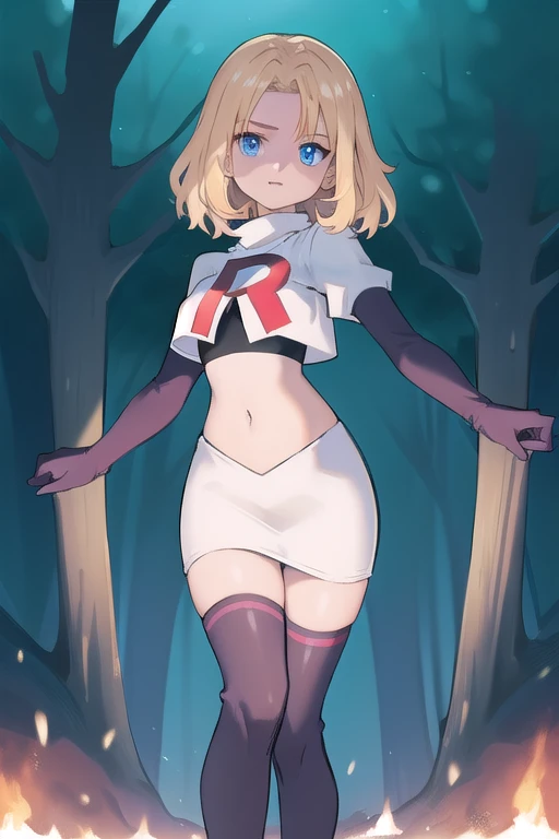 1girl, sxhelen, blonde hair, medium hair, blue eyes, team rocket,team rocket uniform,white skirt,red letter R,crop top,black thigh-highs,black elbow gloves, forest,