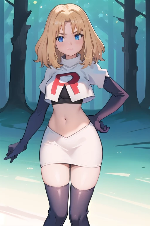 1girl, sxhelen, blonde hair, medium hair, blue eyes, team rocket,team rocket uniform,white skirt,red letter R,crop top,black thigh-highs,black elbow gloves, forest,