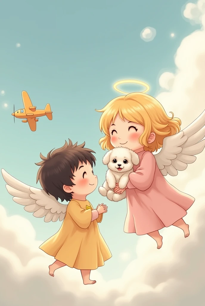 A little dark-haired angel boy and a little blonde angel with a puppy and a plane 