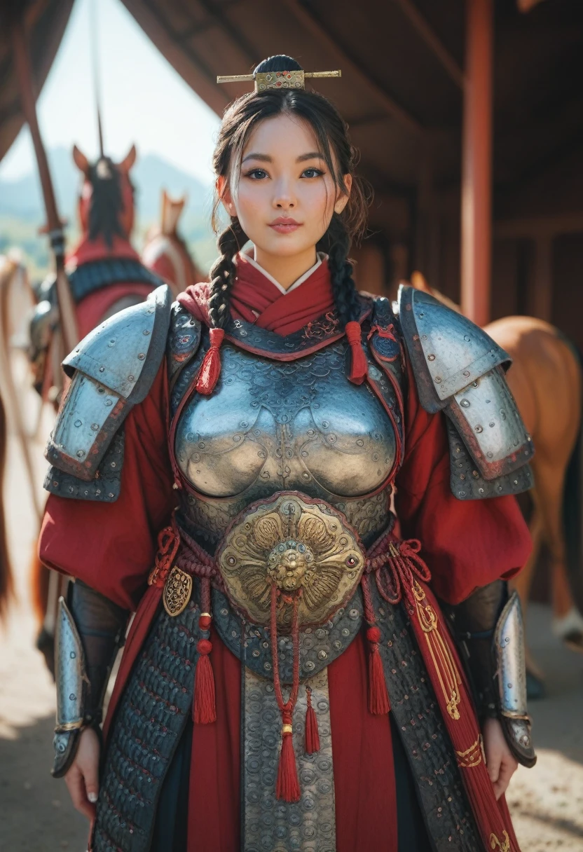 Artwork of sexy mongole asian warrior girl, nomade, steppe warrior, mongolian armor, horse, braids, by Ken Mortensen