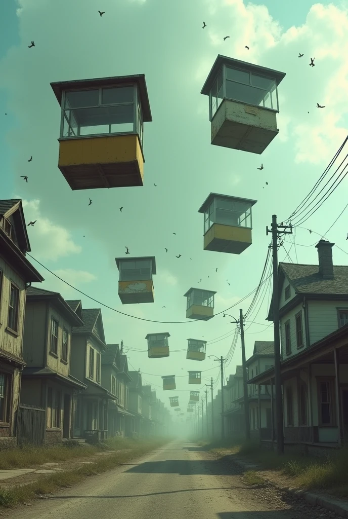 Kiosks on a lonely street with old houses fly away during the day due to the strong wind