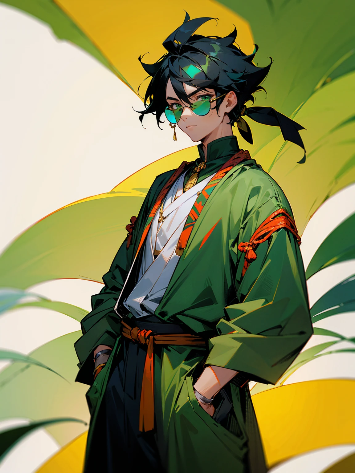 1male, black hair, hawaiian hair, green eyes, tied to the back, sunglasses, african outfit, gloves, lazy expression, hands in pocket, plains